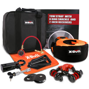 X-BULL Winch Accessories Kit 11Pcs 4x4 Off-Road Recovery Kit Includes 18000LBS Recovery Tow Strap + 3/4'' D-Ring Shackles + Shackle Hitch Receiver + 8 Ton Snatch Block + 2''Trailer Hitch Lock + Folding Survival Shovel + Winch Dampener + Tire Deflator for