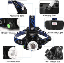 Load image into Gallery viewer, Red Light Headlamp, USB Rechargeable Headlamp, Zoomable Waterproof Red LED headlight with 3 Mode For Camping Hiking hunting Animal Protecting Beekeeping Detecting Astronomy Aviation Night Vision.
