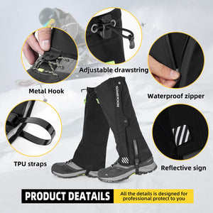 ROCKBROS Leg Gaiters for Hiking Waterproof Leg Gaiter for Skiing Walking Snow Boot Gaiters Tear Resistant Adjustable Gaiters