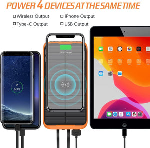 2023 Upgraded Solar Power Bank, 26800mAh with 4x Foldable Solar Panels Built-in 2 Output & 1 Input Cables PD 20W QC3.0 18W Fast Charging and Qi 10W Wireless Charging 6W Solar Charging Portable Charger