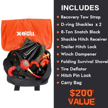 Load image into Gallery viewer, X-BULL Winch Accessories Kit 11Pcs 4x4 Off-Road Recovery Kit Includes 18000LBS Recovery Tow Strap + 3/4&#39;&#39; D-Ring Shackles + Shackle Hitch Receiver + 8 Ton Snatch Block + 2&#39;&#39;Trailer Hitch Lock + Folding Survival Shovel + Winch Dampener + Tire Deflator for
