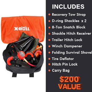 X-BULL Winch Accessories Kit 11Pcs 4x4 Off-Road Recovery Kit Includes 18000LBS Recovery Tow Strap + 3/4'' D-Ring Shackles + Shackle Hitch Receiver + 8 Ton Snatch Block + 2''Trailer Hitch Lock + Folding Survival Shovel + Winch Dampener + Tire Deflator for