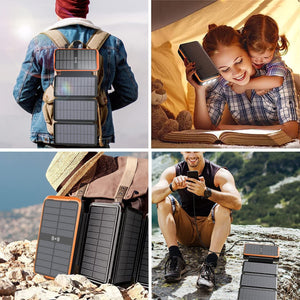 2023 Upgraded Solar Power Bank, 26800mAh with 4x Foldable Solar Panels Built-in 2 Output & 1 Input Cables PD 20W QC3.0 18W Fast Charging and Qi 10W Wireless Charging 6W Solar Charging Portable Charger