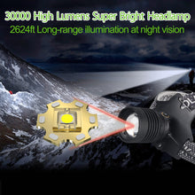Load image into Gallery viewer, 【Super Bright 30000 High Lumens】Rechargeable Led Headlamp 6000mAh High Capacity,3 Modes Waterproof Work Headlight with Motion Sensor,Zoomable 90°Adjustable Head Torch for Camping, Hard Hat, Hunting
