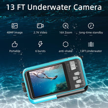 Load image into Gallery viewer, POSSRAB 13FT Underwater Camera, 48MP Photo 2.7K Video Waterproof Camera, Dual Display EIS Digital Underwater Camera for Snorkeling, Surfing, Swimming - Blue
