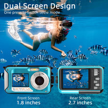 Load image into Gallery viewer, POSSRAB 13FT Underwater Camera, 48MP Photo 2.7K Video Waterproof Camera, Dual Display EIS Digital Underwater Camera for Snorkeling, Surfing, Swimming - Blue
