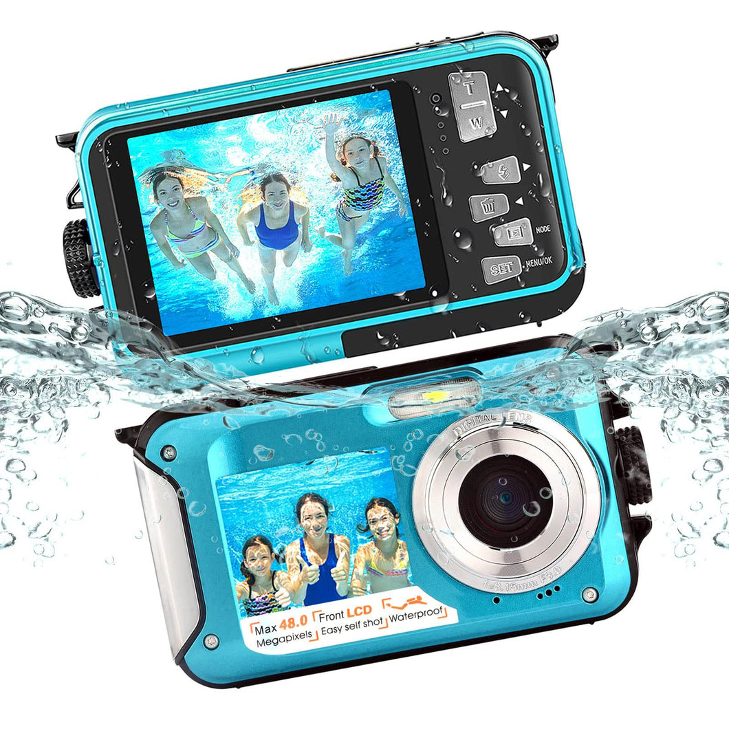 POSSRAB 13FT Underwater Camera, 48MP Photo 2.7K Video Waterproof Camera, Dual Display EIS Digital Underwater Camera for Snorkeling, Surfing, Swimming - Blue